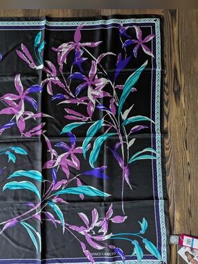 NWT Vince Camuto Black Silk Scarf with Teal & Purple Floral Print